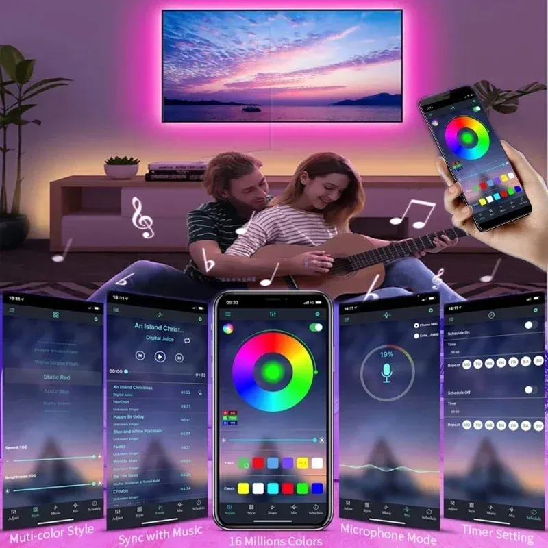 Bande lumineuse LED RGB 5050 à commande Bluetooth et télécommande IR, alimentation USB, rétroéclairage décoratif pour festivals et maison 5