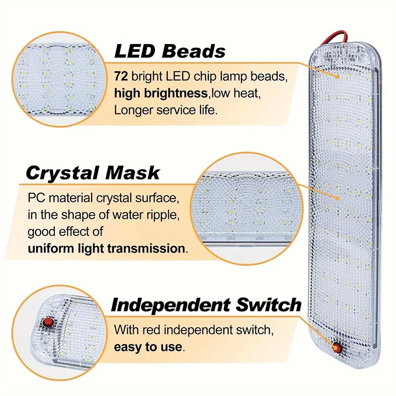 Barre lumineuse LED intérieure 72 LED avec interrupteur, Hurhome, éclairage de toit pour voiture, camping-car, bus et bateau, 12V-80V 3