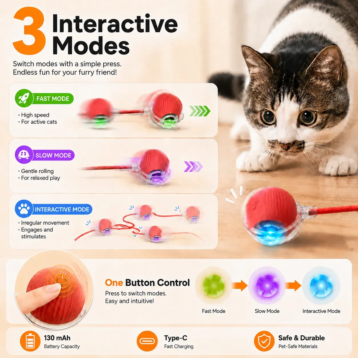 Balle interactive pour chat à roulement automatique, jouet intelligent rechargeable pour chaton 4