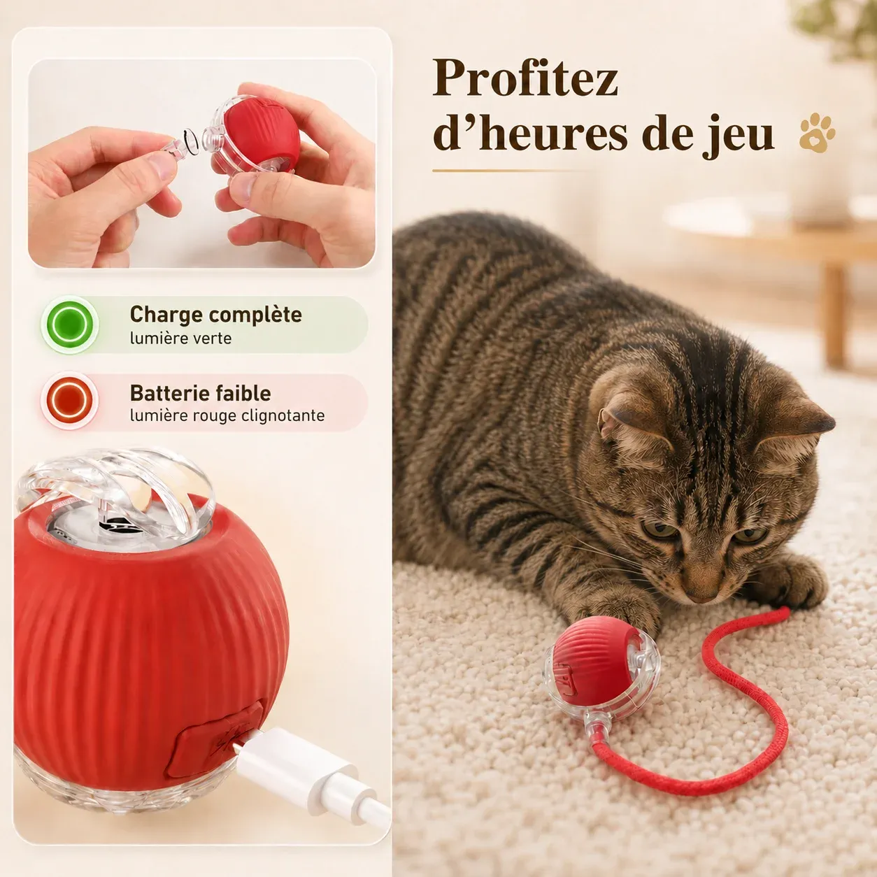 Chat poursuivant une balle roulante automatique