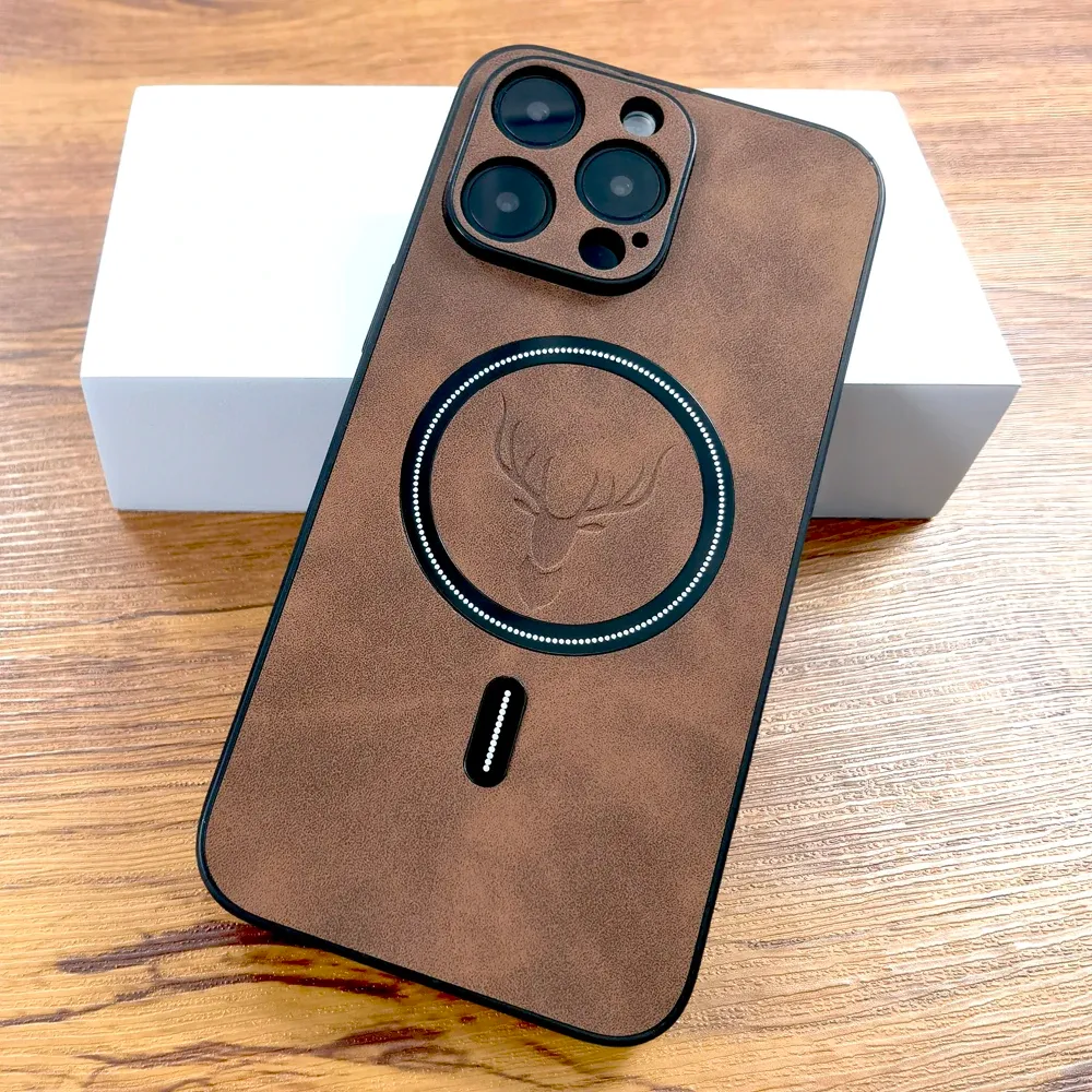 Étui de luxe en cuir PU à motif cerf compatible MagSafe pour iPhone 11 à 18 Pro Max 2