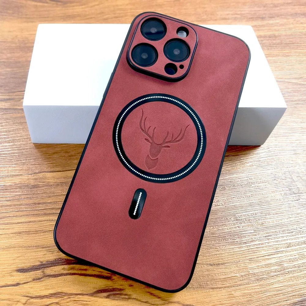 Étui de luxe en cuir PU à motif cerf compatible MagSafe pour iPhone 11 à 18 Pro Max 7