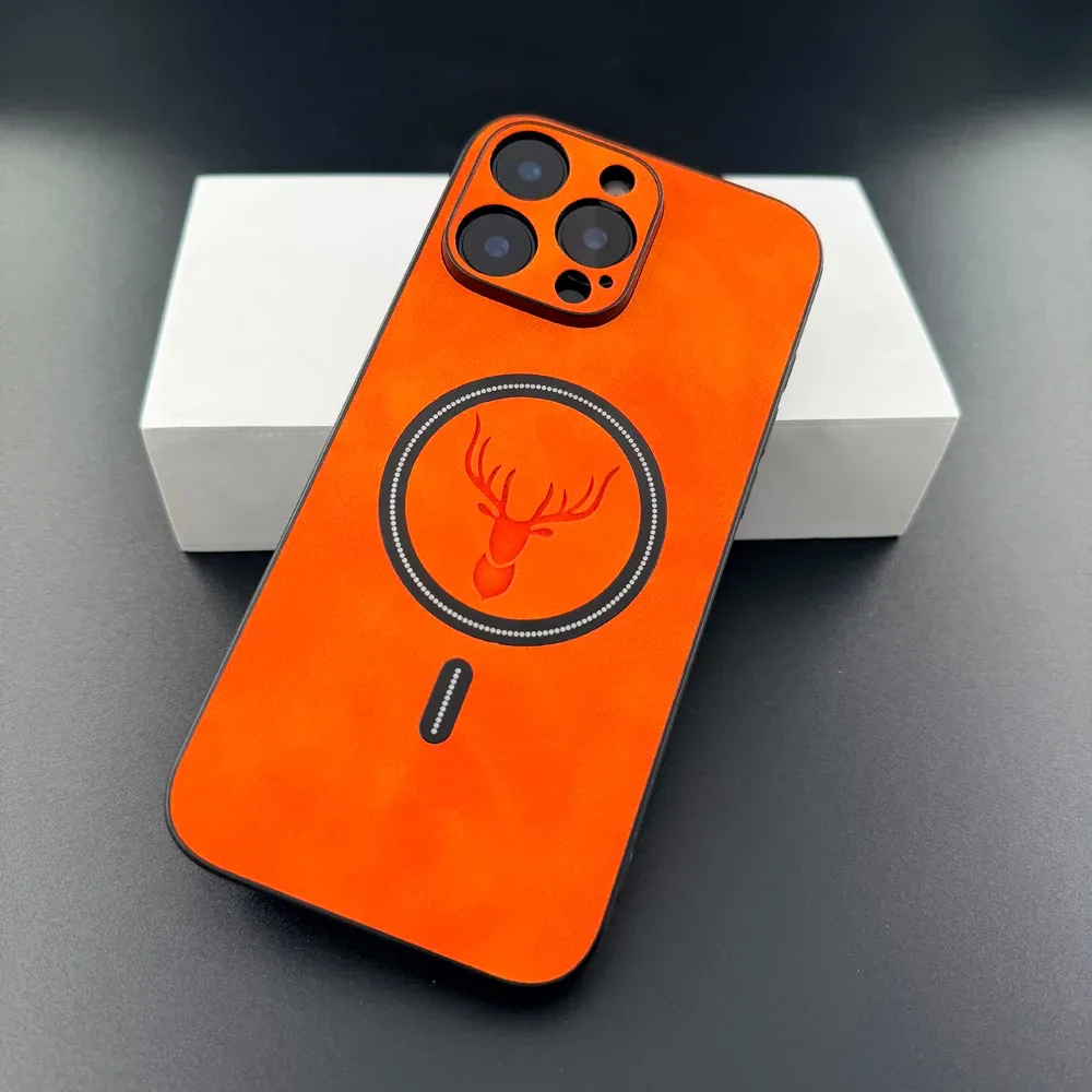 Étui de luxe en cuir PU à motif cerf compatible MagSafe pour iPhone 11 à 18 Pro Max 10