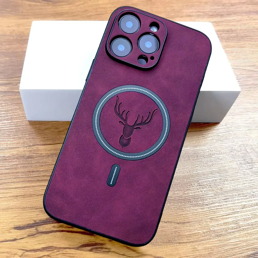 Étui de luxe en cuir PU à motif cerf compatible MagSafe pour iPhone 11 à 18 Pro Max 12