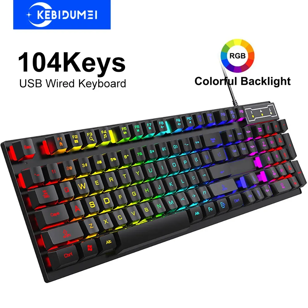 Clavier filaire 104 touches, clavier gaming RGB, clavier à sensation mécanique, clavier standard pour PC portable Windows 1