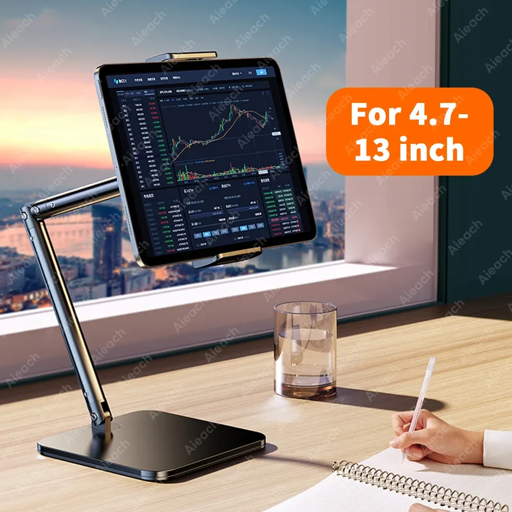Support de tablette réglable 15 pouces avec bras flexible en métal pour téléphone et iPad (4,7 à 13 pouces), support de bureau ergonomique multi-angles