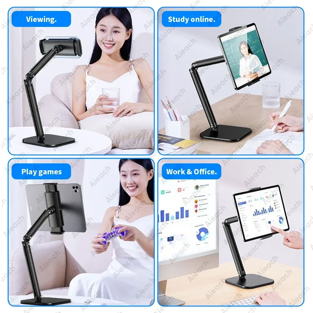 Support de tablette réglable 15 pouces avec bras flexible en métal pour téléphone et iPad (4,7 à 13 pouces), support de bureau ergonomique multi-angles 2