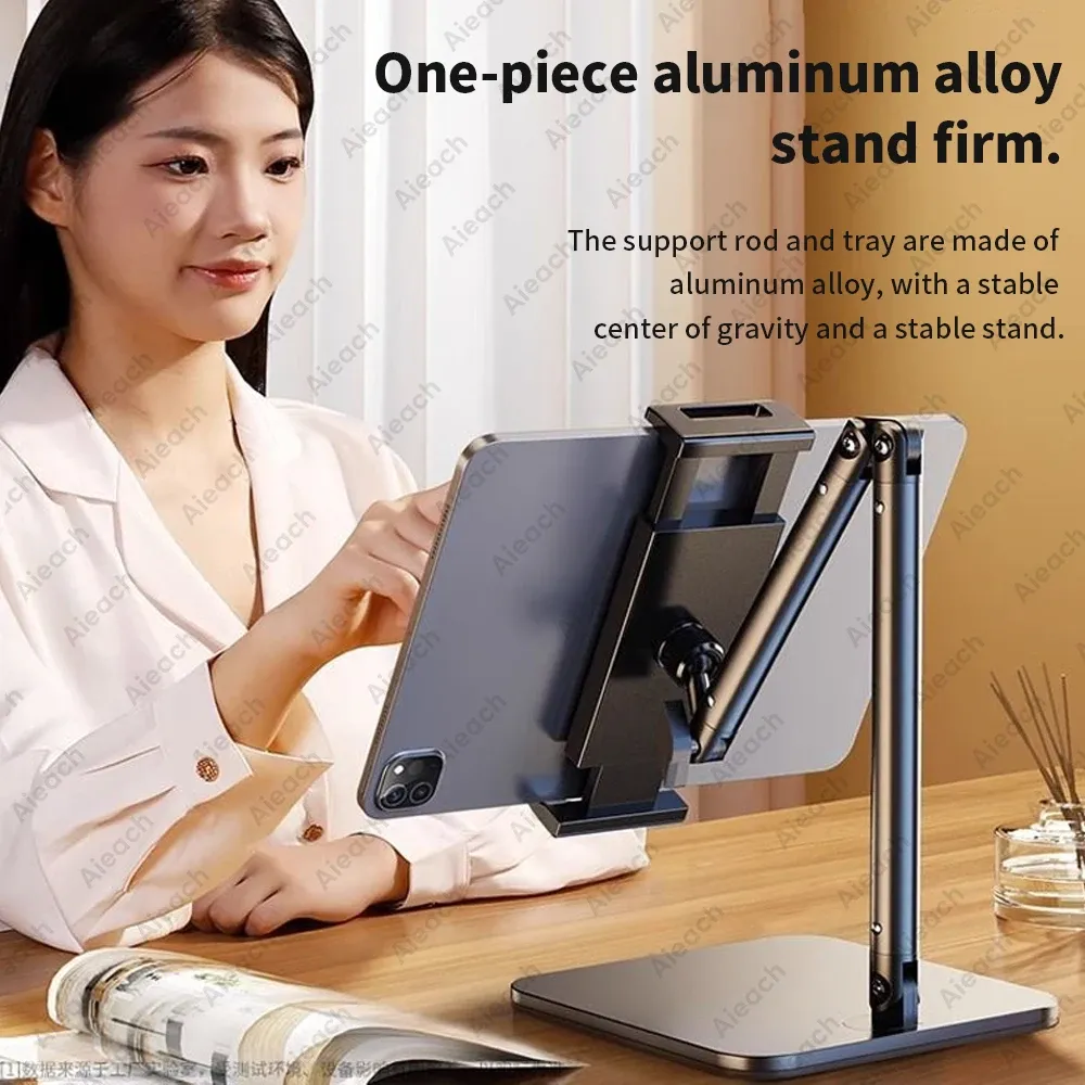 Support de tablette réglable 15 pouces avec bras flexible en métal pour téléphone et iPad (4,7 à 13 pouces), support de bureau ergonomique multi-angles 4