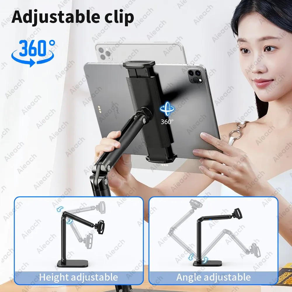 Support de tablette réglable 15 pouces avec bras flexible en métal pour téléphone et iPad (4,7 à 13 pouces), support de bureau ergonomique multi-angles 5