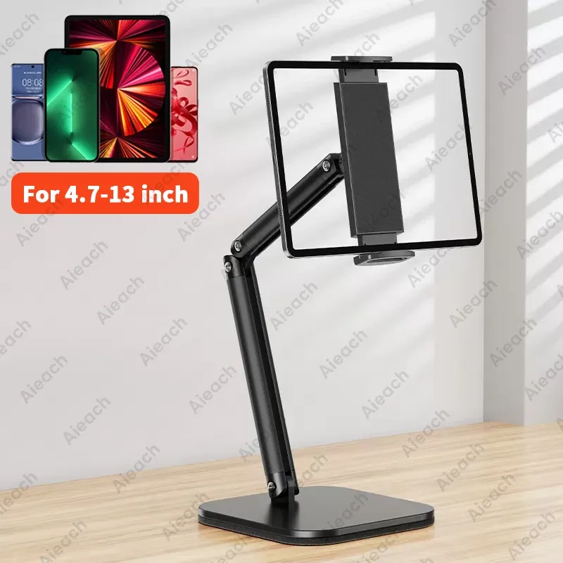 Support de tablette réglable 15 pouces avec bras flexible en métal pour téléphone et iPad (4,7 à 13 pouces), support de bureau ergonomique multi-angles 8