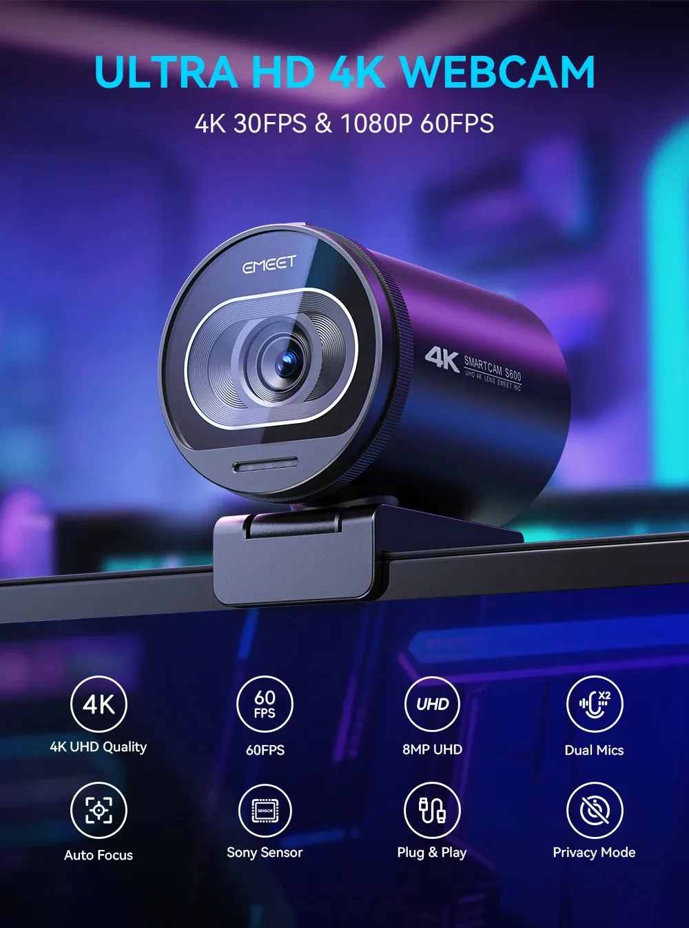 Capteur haute qualité de la webcam EMEET S600