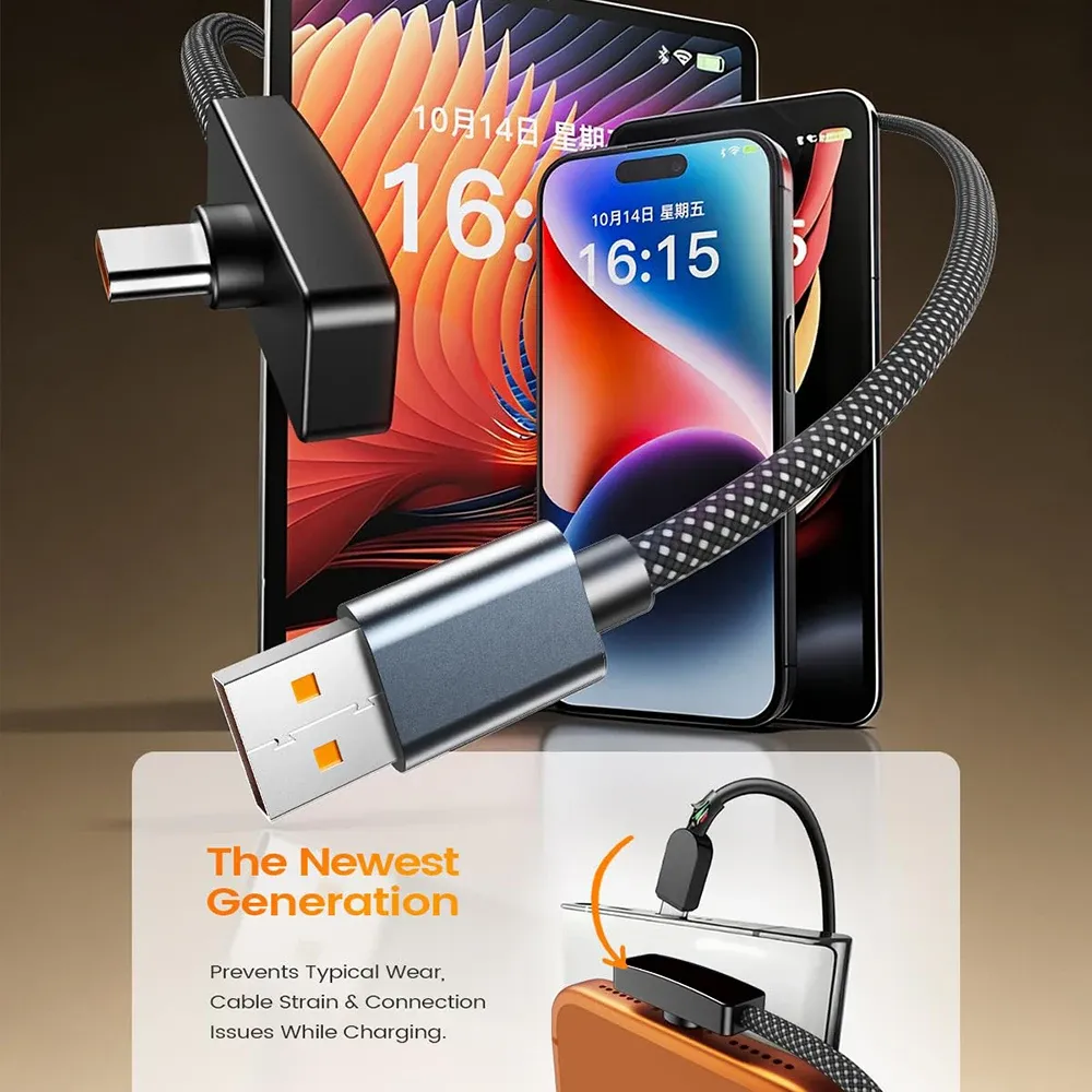 Câble USB Type-C coudé à 90 degrés, 100 W, charge rapide et transfert de données, câble portable à angle droit, USB-C pour iPhone, Samsung et Xiaomi 4