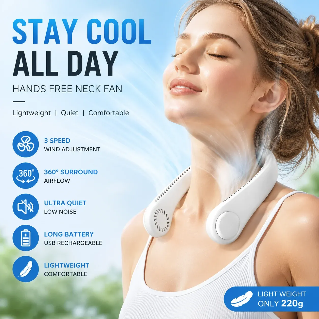 Ventilateur de cou portable sans pales, rechargeable par USB, mains libres, silencieux, 3 vitesses, longue autonomie