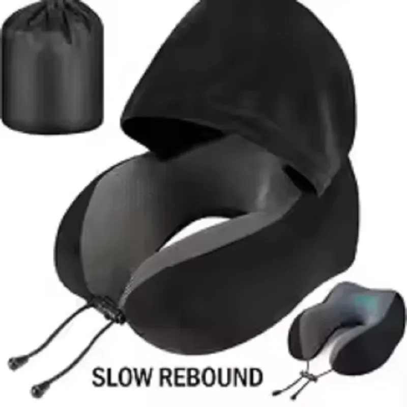 Oreiller de voyage à capuche en mousse à mémoire de forme, coussin cervical en forme de U en velours doux avec sac de rangement pour avion et voiture