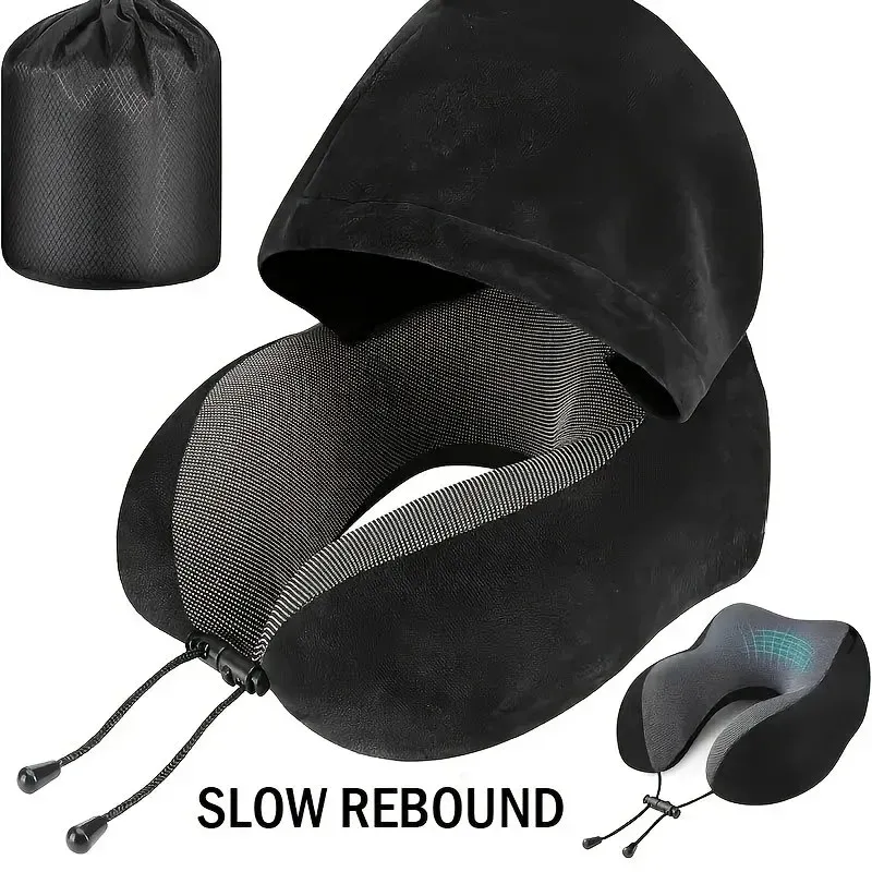 Oreiller de voyage à capuche en mousse à mémoire de forme, coussin cervical en forme de U en velours doux avec sac de rangement pour avion et voiture 7