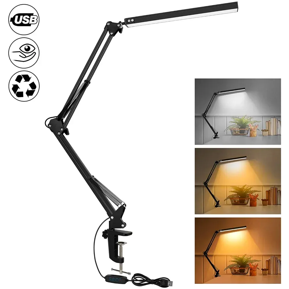 Lampe de bureau LED 10 W à pince, bras articulé, 3 températures de couleur et 10 niveaux de luminosité 1