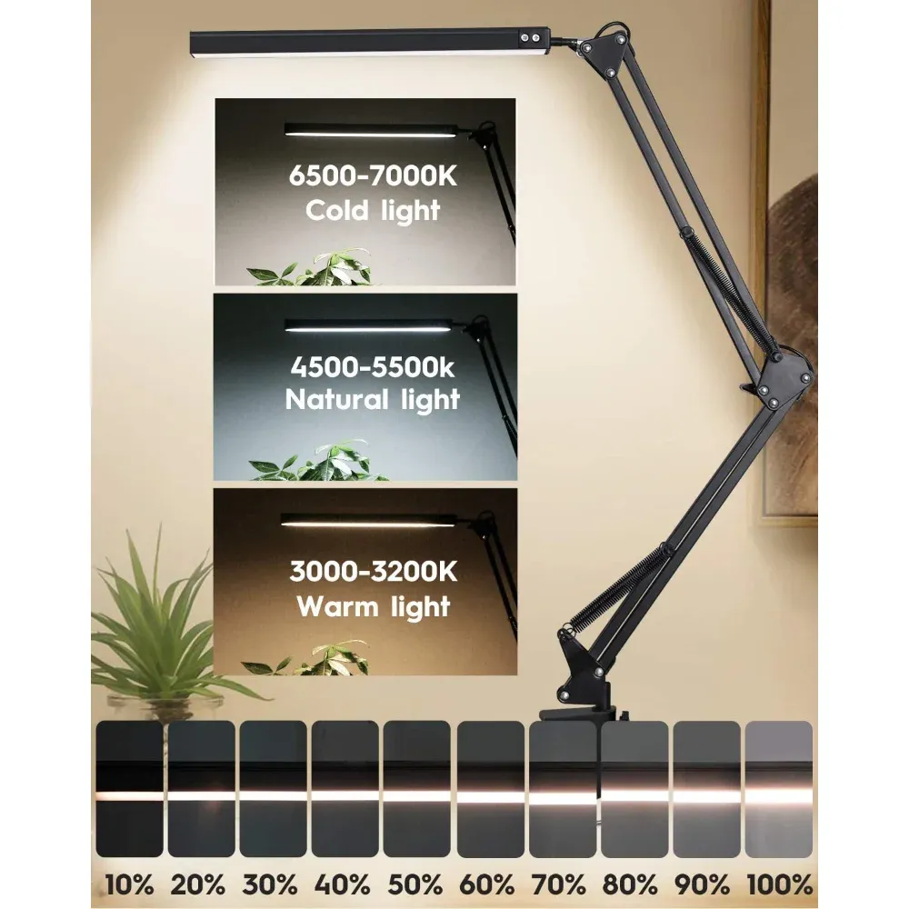 Lampe de bureau LED 10 W à pince, bras articulé, 3 températures de couleur et 10 niveaux de luminosité 2