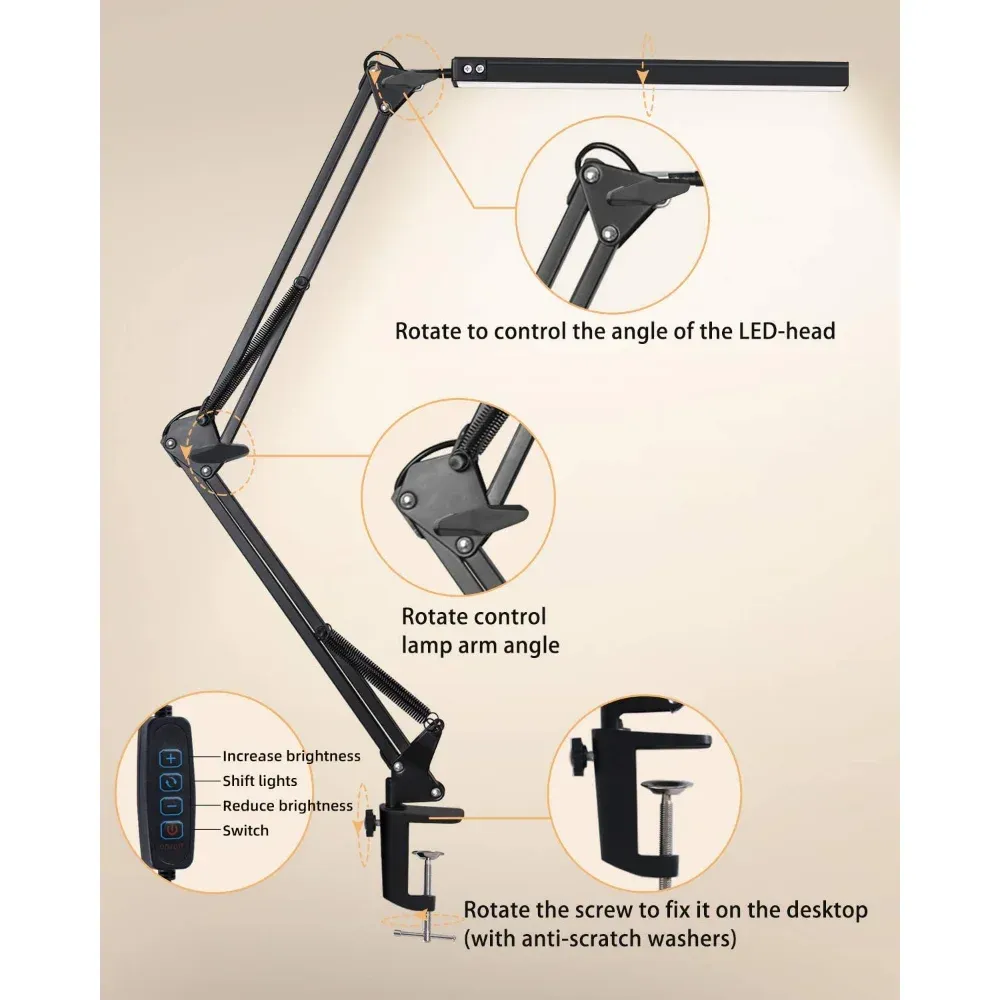 Lampe de bureau LED 10 W à pince, bras articulé, 3 températures de couleur et 10 niveaux de luminosité 3
