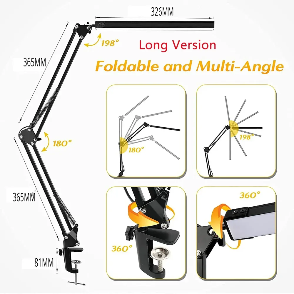 Lampe de bureau LED 10 W à pince, bras articulé, 3 températures de couleur et 10 niveaux de luminosité 5