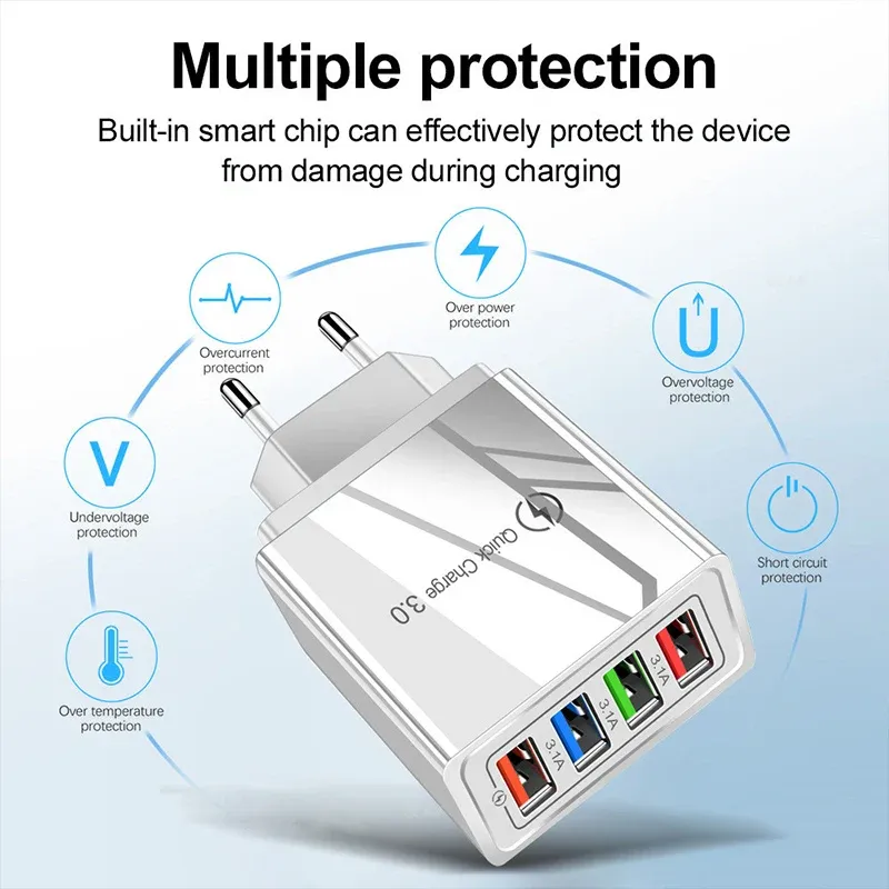 Chargeur mural USB 4 ports 3 A à charge rapide 3.0, prises EU/US 5