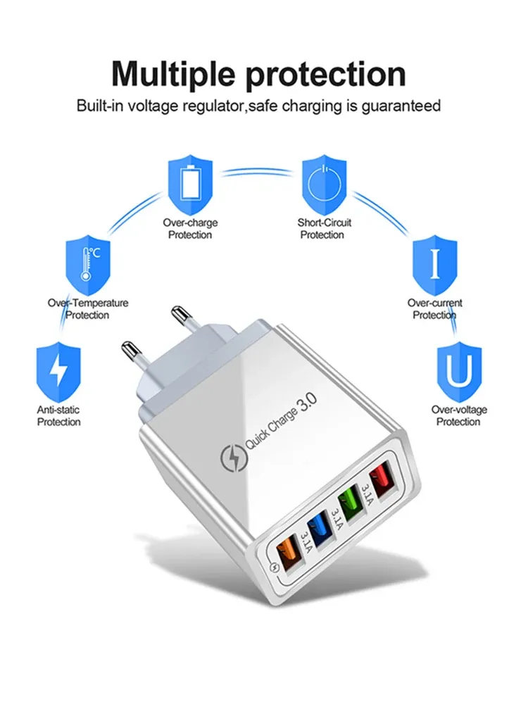 Chargeur mural USB 4 ports 3 A à charge rapide 3.0, prises EU/US 6