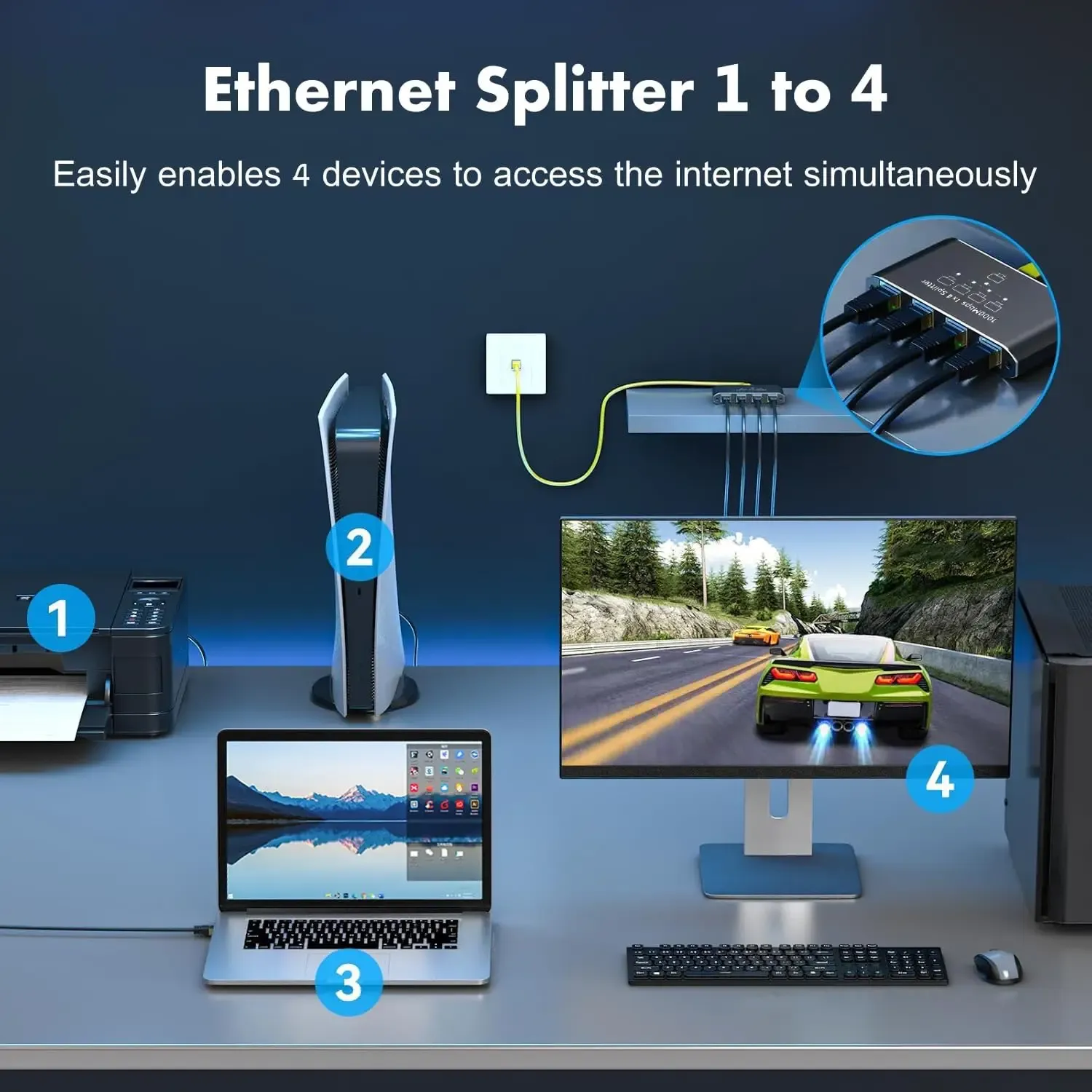 Commutateur Ethernet Gigabit 1000 Mbps, répartiteur RJ45 1 vers 2/3/4 ports, adaptateur d'extension LAN pour routeur, PC et ordinateur portable 2