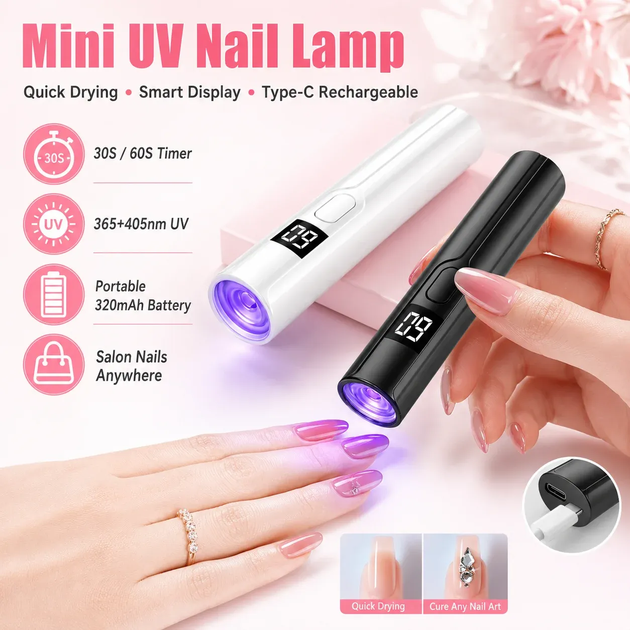 Mini lampe UV LED rechargeable pour ongles avec écran intelligent, séchoir portable à séchage rapide et support de manucure amovible