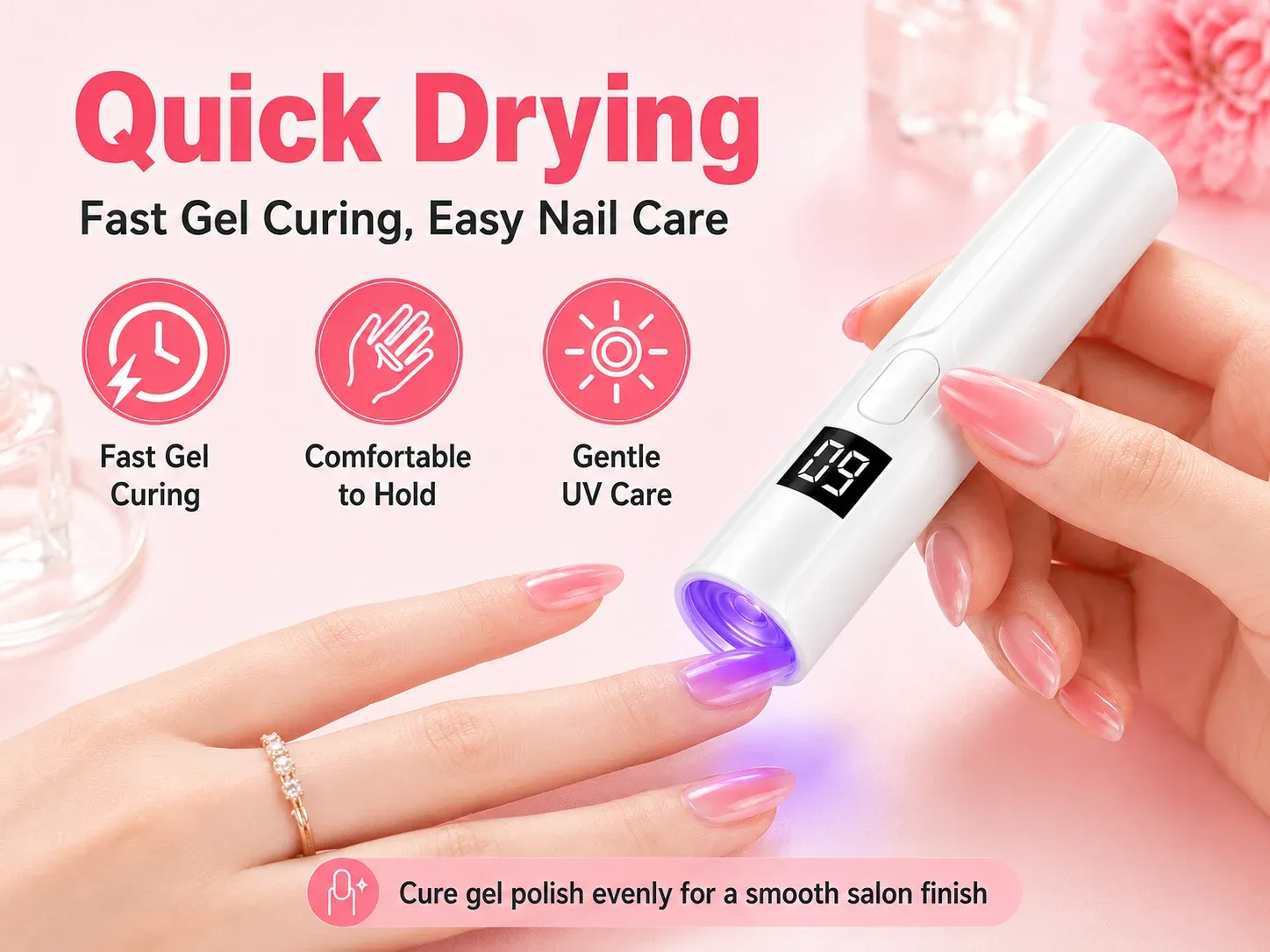 Lampe UV en position de séchage sur un ongle orné de vernis gel