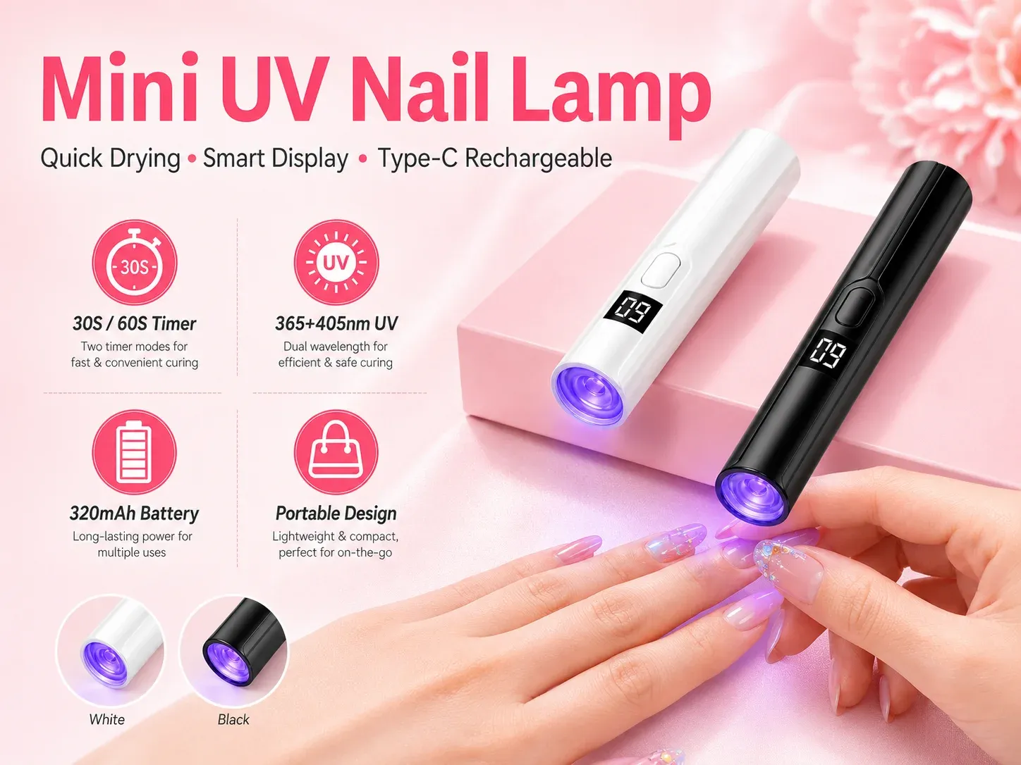 Lampe à ongles UV LED rechargeable compacte posée sur une table de manucure