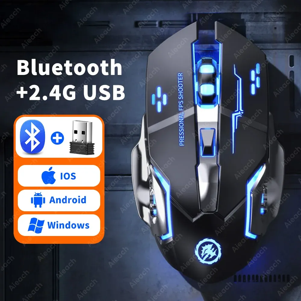 Souris de jeu sans fil Bluetooth 2.4 GHz, rechargeable par USB, ergonomique, rétroéclairage mécanique, pour ordinateur portable, PC et gamers