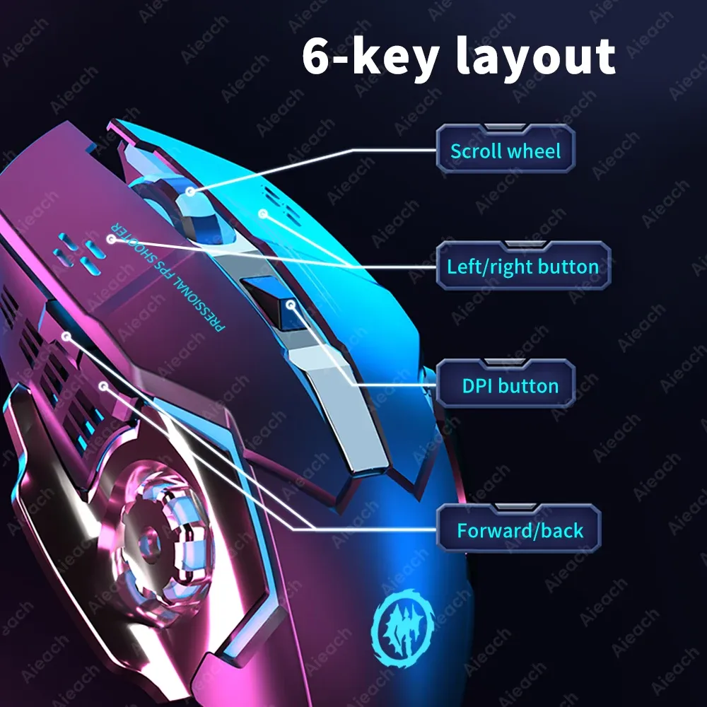 Souris de jeu sans fil Bluetooth 2.4 GHz, rechargeable par USB, ergonomique, rétroéclairage mécanique, pour ordinateur portable, PC et gamers 3