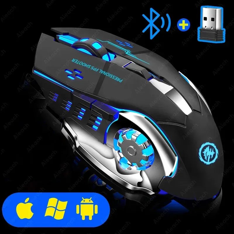 Souris de jeu sans fil Bluetooth 2.4 GHz, rechargeable par USB, ergonomique, rétroéclairage mécanique, pour ordinateur portable, PC et gamers 8