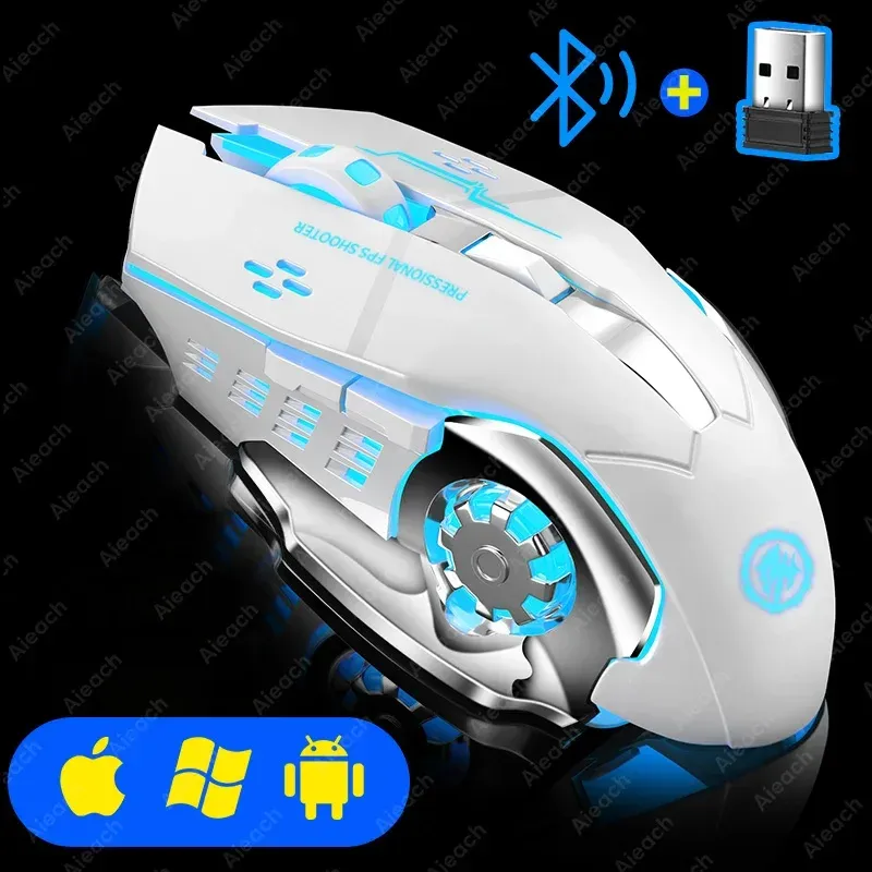 Souris de jeu sans fil Bluetooth 2.4 GHz, rechargeable par USB, ergonomique, rétroéclairage mécanique, pour ordinateur portable, PC et gamers 9