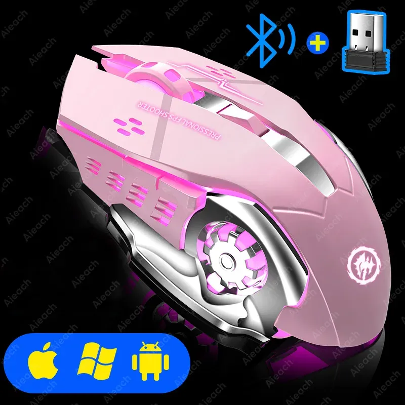 Souris de jeu sans fil Bluetooth 2.4 GHz, rechargeable par USB, ergonomique, rétroéclairage mécanique, pour ordinateur portable, PC et gamers 7