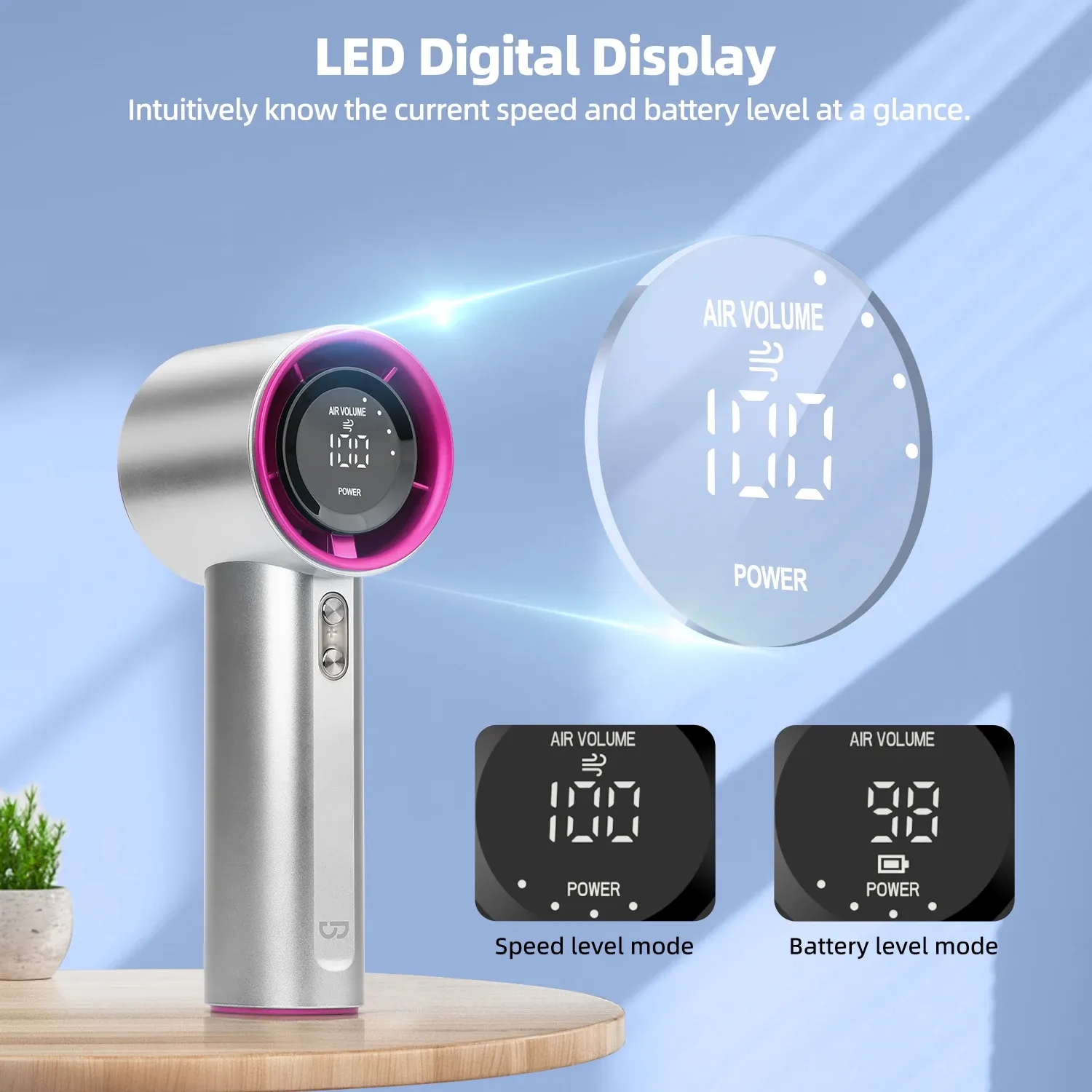 Mini ventilateur de bain Aste, vitesse réglable en 100 niveaux, ventilateur électrique à affichage numérique, turbo, portable, usage extérieur 5