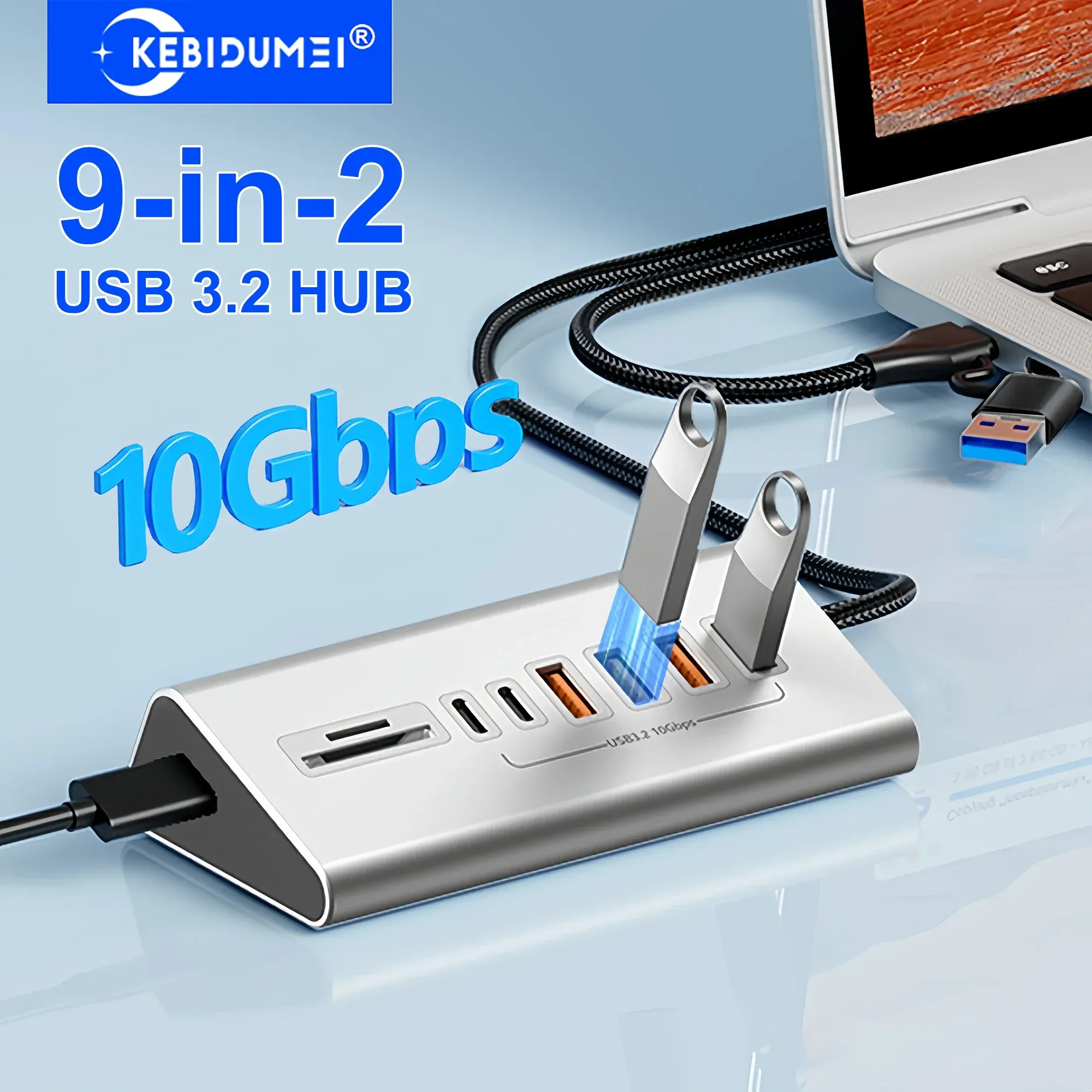 Station d'accueil USB 3.2 10 Gbps en alliage d'aluminium avec hub USB-C, lecteur de cartes et 8 à 9 ports pour PC et ordinateur portable 1