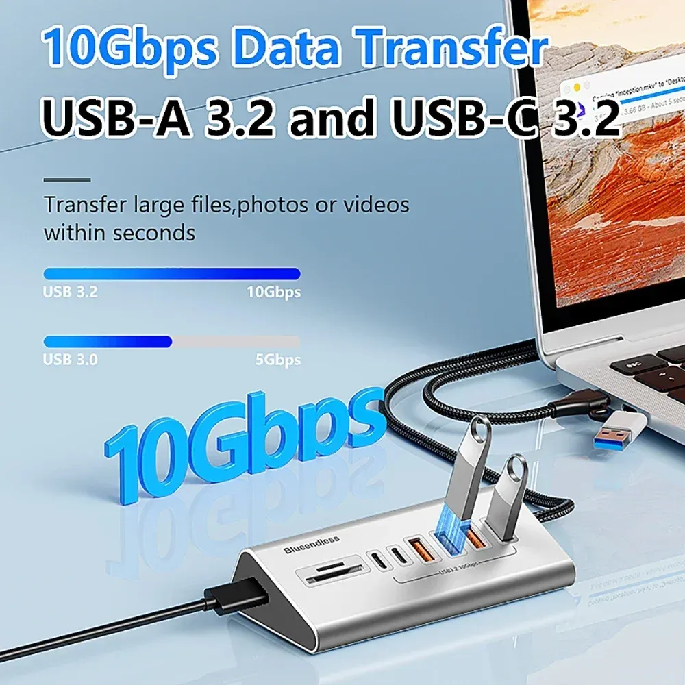 Station d'accueil USB 3.2 10 Gbps en alliage d'aluminium avec hub USB-C, lecteur de cartes et 8 à 9 ports pour PC et ordinateur portable 4