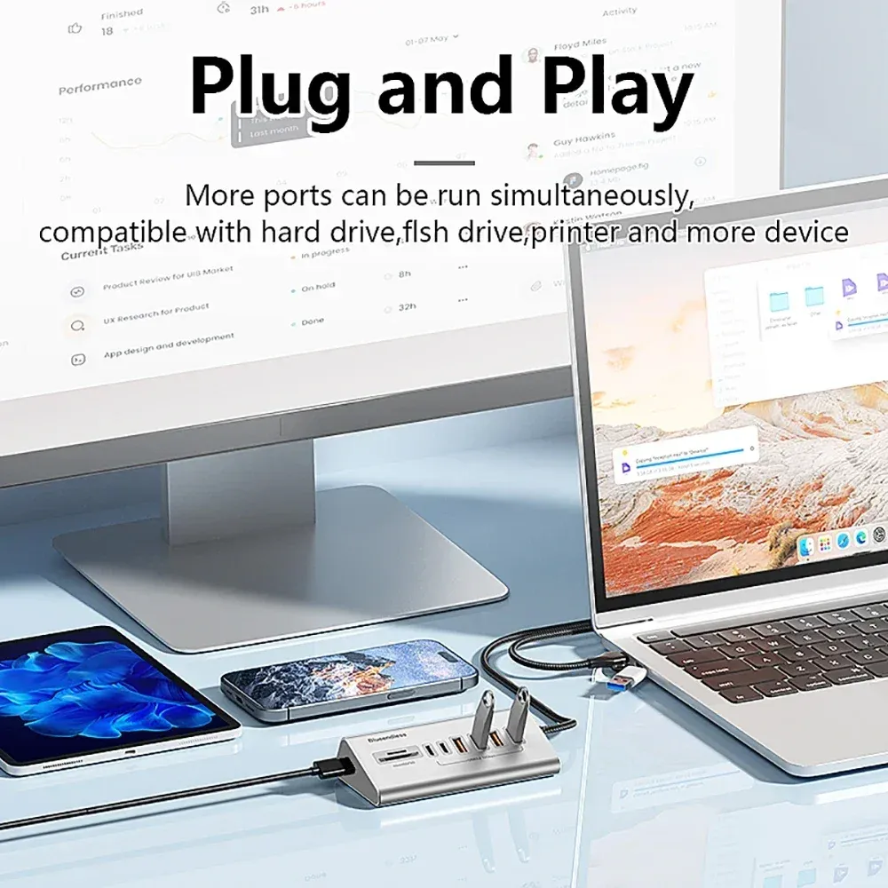 Station d'accueil USB 3.2 10 Gbps en alliage d'aluminium avec hub USB-C, lecteur de cartes et 8 à 9 ports pour PC et ordinateur portable 5