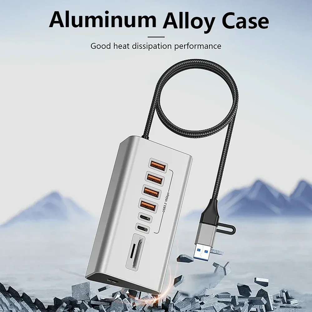 Station d'accueil USB 3.2 10 Gbps en alliage d'aluminium avec hub USB-C, lecteur de cartes et 8 à 9 ports pour PC et ordinateur portable 6