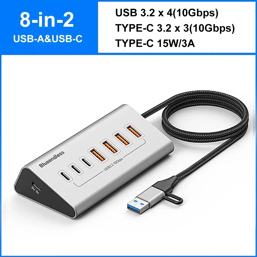 Station d'accueil USB 3.2 10 Gbps en alliage d'aluminium avec hub USB-C, lecteur de cartes et 8 à 9 ports pour PC et ordinateur portable 9