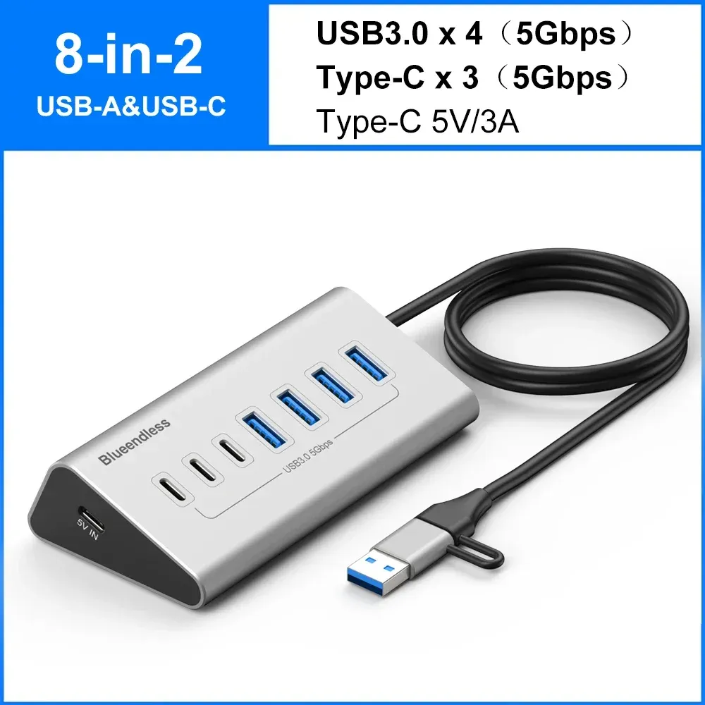 Station d'accueil USB 3.2 10 Gbps en alliage d'aluminium avec hub USB-C, lecteur de cartes et 8 à 9 ports pour PC et ordinateur portable 8