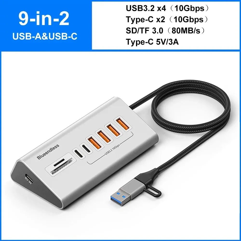 Station d'accueil USB 3.2 10 Gbps en alliage d'aluminium avec hub USB-C, lecteur de cartes et 8 à 9 ports pour PC et ordinateur portable 7