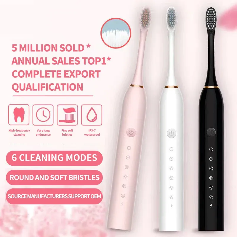 Brosse à dents électrique sonique pour adultes, étanche IPX7, tête DuPont, recharge USB, 6 modes de nettoyage