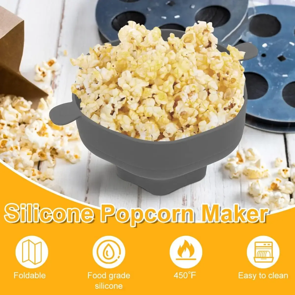 Bol à pop-corn en silicone pour micro-ondes avec couvercle, seau familial pliable 2