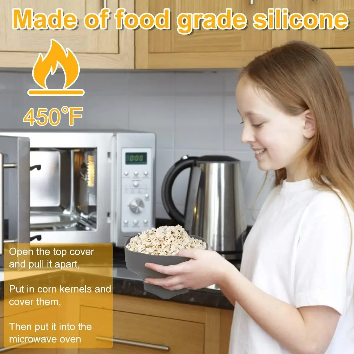 Bol à pop-corn en silicone pour micro-ondes avec couvercle, seau familial pliable 3