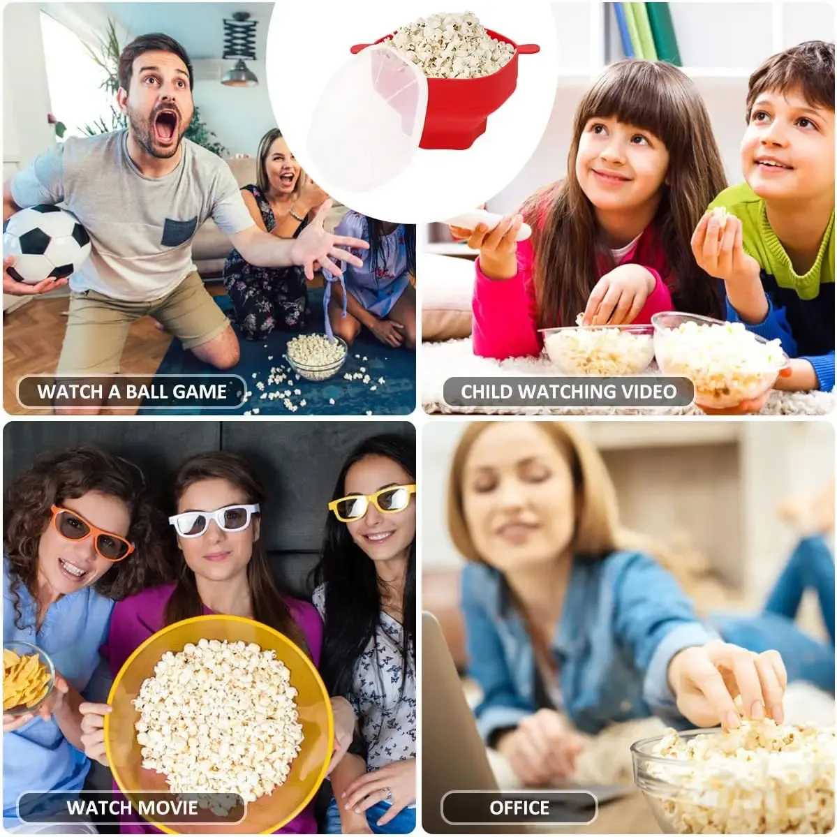 Bol à pop-corn en silicone pour micro-ondes avec couvercle, seau familial pliable 6