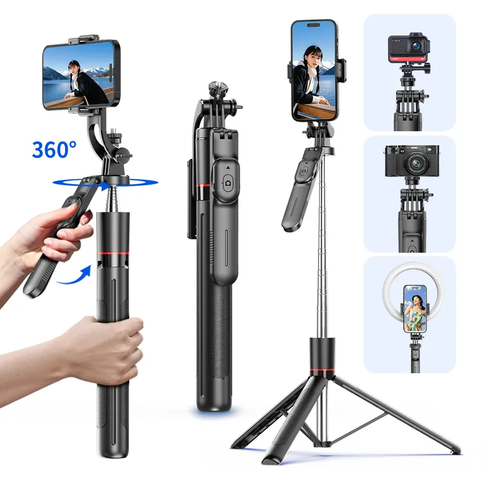 Trépied perche à selfie F16 à 8 sections (1708 mm), télécommande Bluetooth, rotation à 360°, filetage 1/4", compatible smartphone et caméra vlog 1