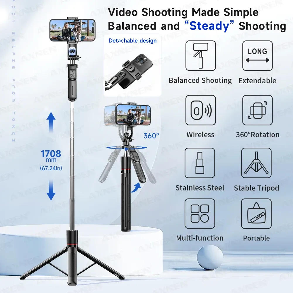 Trépied perche à selfie F16 à 8 sections (1708 mm), télécommande Bluetooth, rotation à 360°, filetage 1/4", compatible smartphone et caméra vlog 2