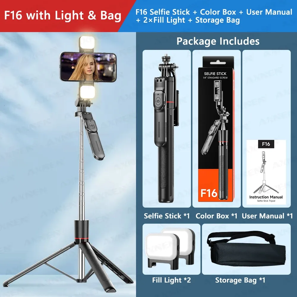 Trépied perche à selfie F16 à 8 sections (1708 mm), télécommande Bluetooth, rotation à 360°, filetage 1/4", compatible smartphone et caméra vlog 9