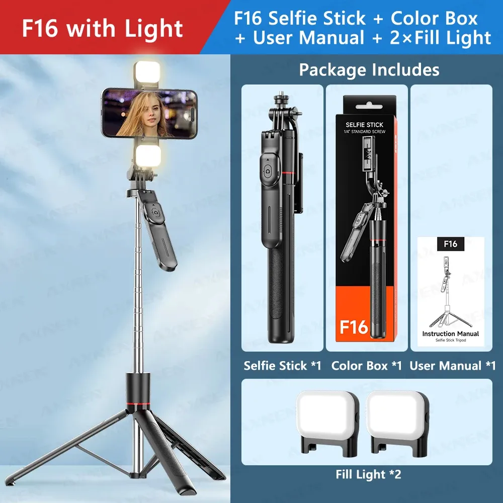 Trépied perche à selfie F16 à 8 sections (1708 mm), télécommande Bluetooth, rotation à 360°, filetage 1/4", compatible smartphone et caméra vlog 7